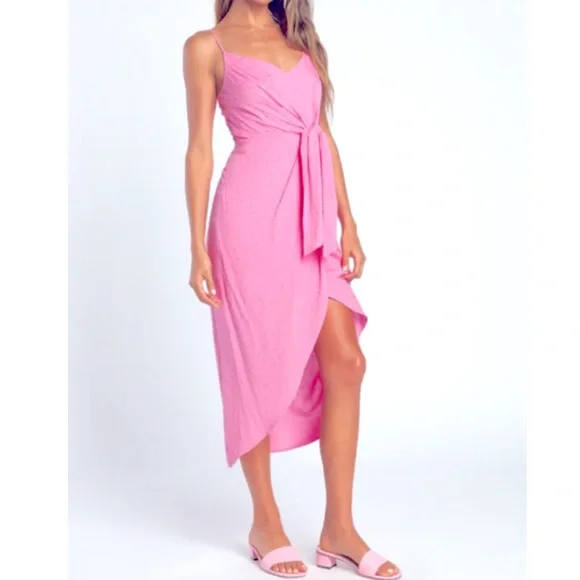 NWT Pink Swiss Dot Tie-Front Tulip Midi Dress - Picture 1 of 5